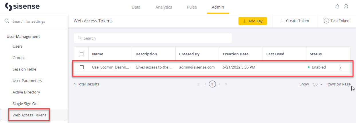 Token config in list of web access tokens